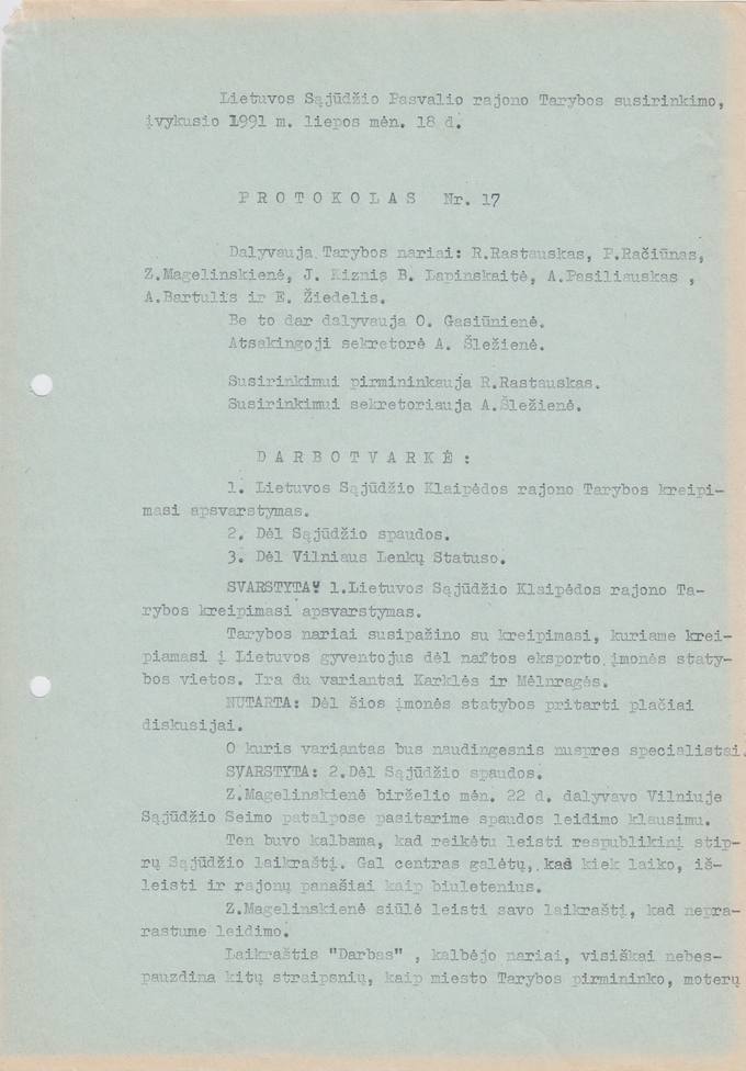 Lietuvos Sajūdžio Pasvalio rajono Tarybos susirinkimo, įvykusio 1991 m. liepos 18 d.  PROTOKOLAS Nr. 17